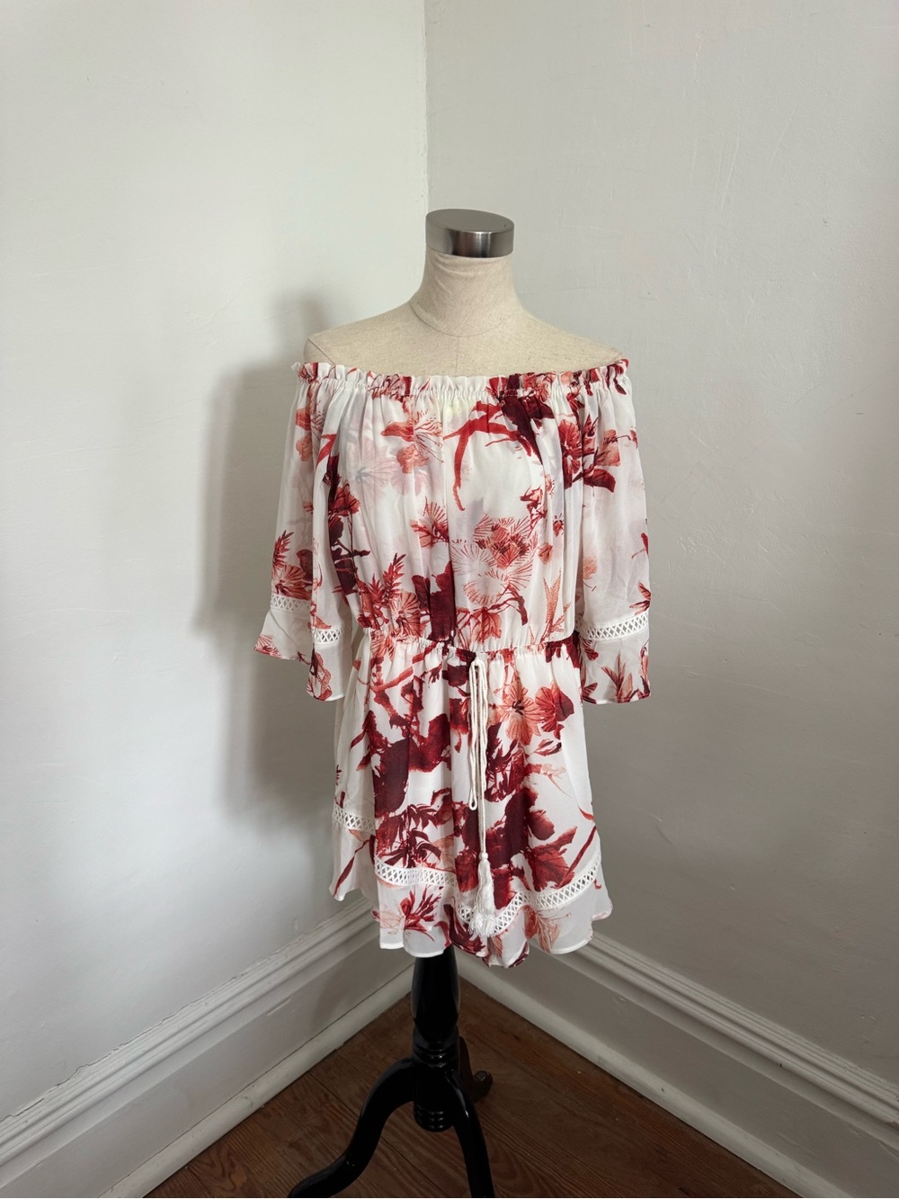 Off-Shoulder White Romper with Red Tropical Floral Print